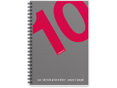 Kalender, 2027-2036, 10 års, 1 år pr. opslag, Grå og rødt 10-tal, Mayland