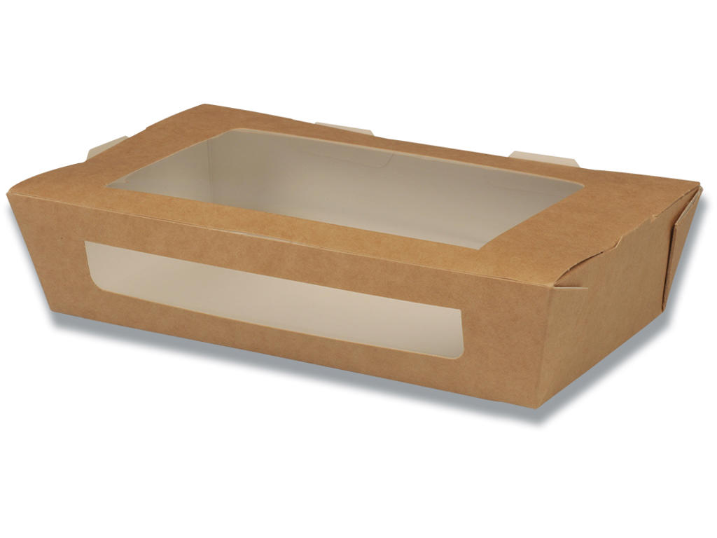 Take away bakke, 20x12x4,5cm, 250 stk, 900 ml, brun, karton/PLA, med vindue, Duni