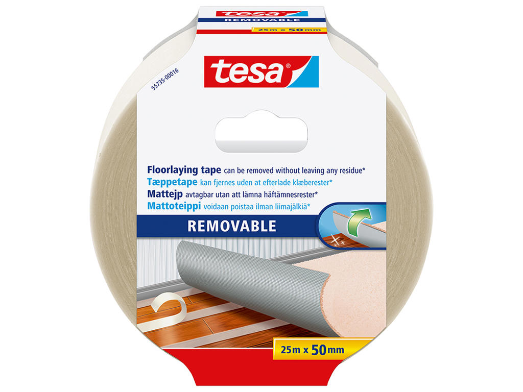 Tape - dobbeltklæbende, Aftagelig, 50mm x 25m, 1 rulle, Tesa 55735