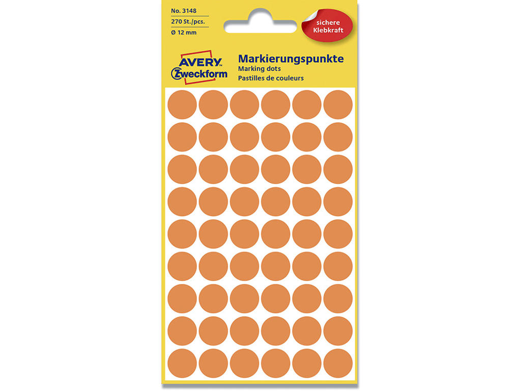 Etiketter, Ø12 mm, Orange, 270 etiketter i alt, Avery 