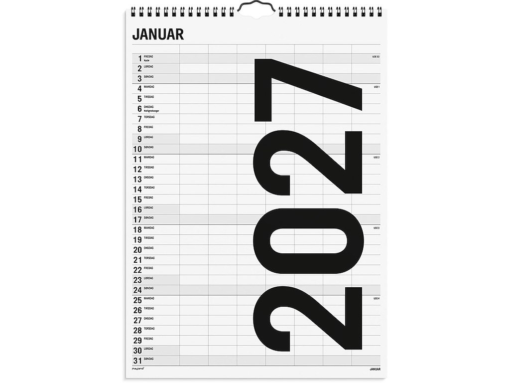 Familiekalender, 2027, Black and white, 7 personer, 1 måned pr. opslag, Mayland