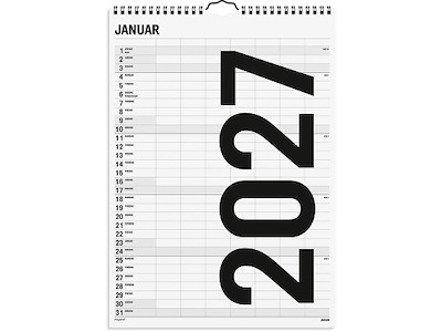 Familiekalender, 2027, Black and white, 7 personer, 1 måned pr. opslag, Mayland