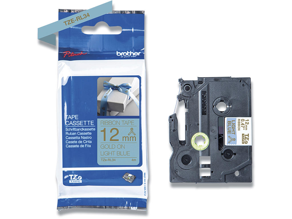 Labeltape, 12mm x 4m, Guld på Lyseblå satin stofbånd, 1 rulle, Brother P-Touch TZe-RL34
