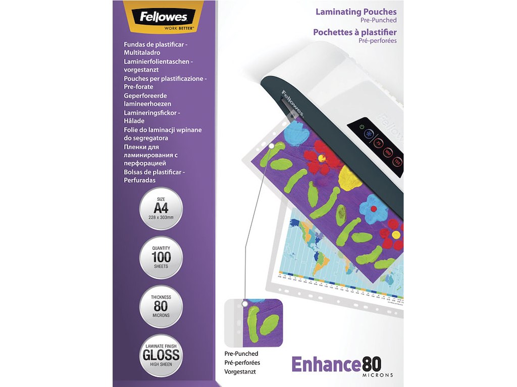 Lamineringslommer, 228x303 mm, 80 micron, 100 stk, Fellowes Filex 4 huller