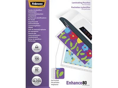 Lamineringslommer, 228x303 mm, 80 micron, 100 stk, Fellowes Filex 4 huller