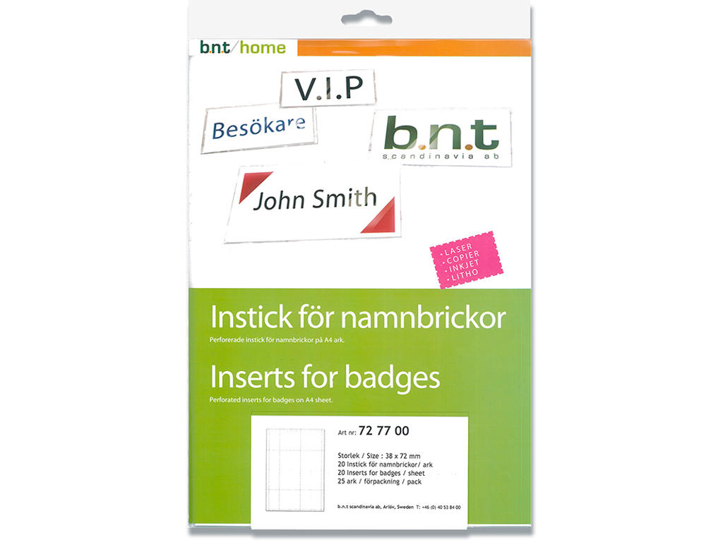 Indstik, Til navneskilte, 1000 stk, 38x72 mm, BNT Office 