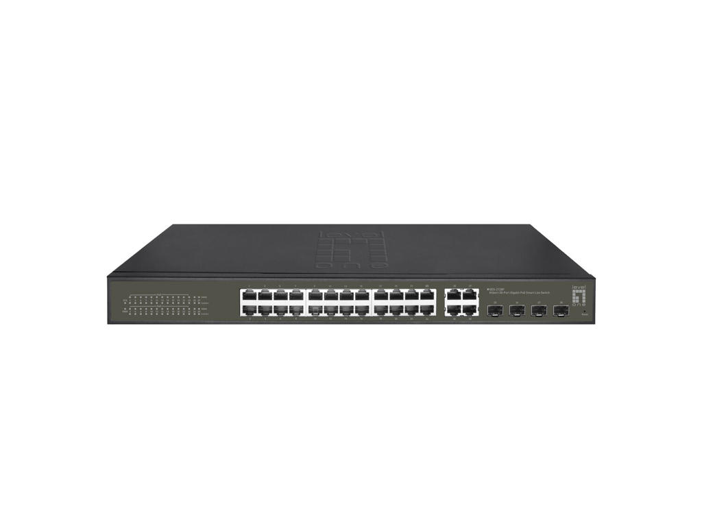 LevelOne Hilbert 28-Port Gigabit PoE Smart Lite Switch, 24 PoE Outputs, 4 x Gigabit SFP/RJ45 Combo, 802.3at/af PoE, 380W PoE Power Budget