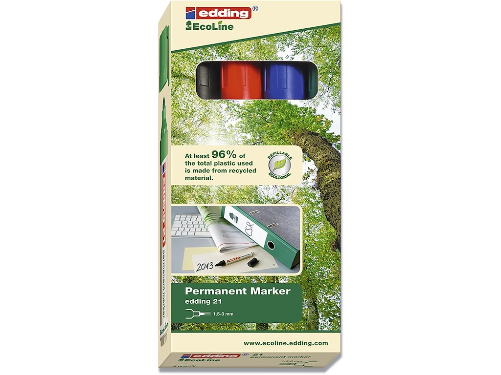 Marker, Rund spids, 1.5-3 mm, Sort Rød Blå Grøn, Edding Ecoline 21