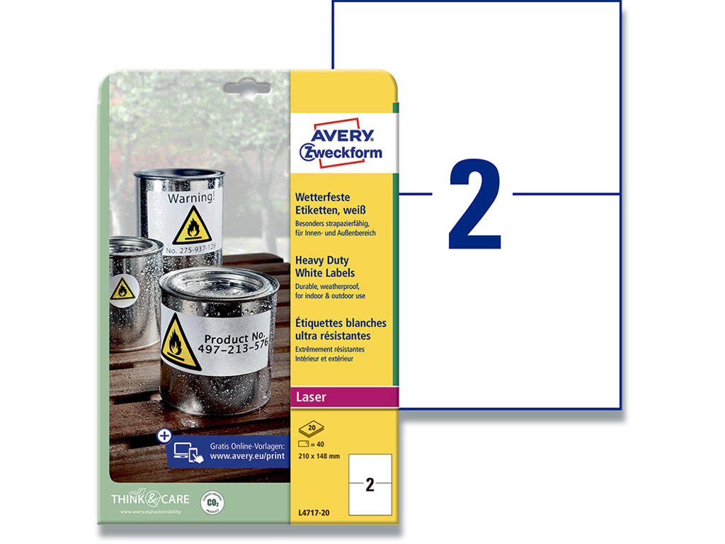 Etiketter, 199.6x143.5 mm, Hvid, 40 etiketter i alt, Avery 