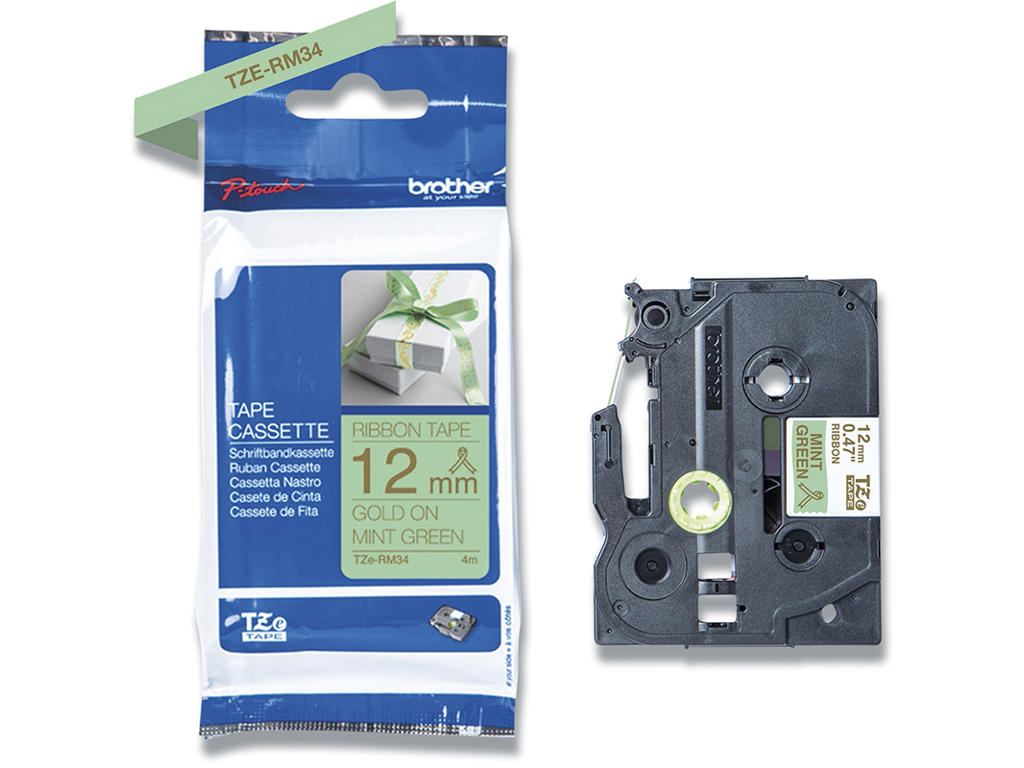 Labeltape, 12mm x 4m, Guld på Mintgrøn satin stofbånd, 1 rulle, Brother P-Touch TZe-RM34