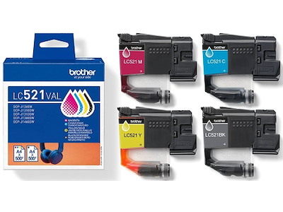 Blækpatroner, 4 stk, 500 sider, 4 farver, Brother LC521VAL