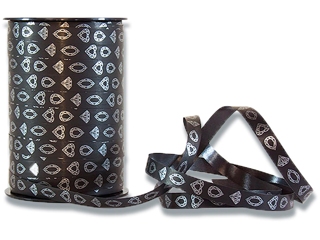 Gavebånd, PP, 10mm x 225m, Sort med sølv print, Roliba Poly Glat Juvel