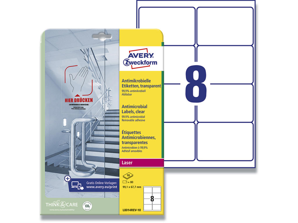 Etiketter, 99.1x67.7 mm, Transparent, 80 etiketter i alt, Avery Antimikrobielle