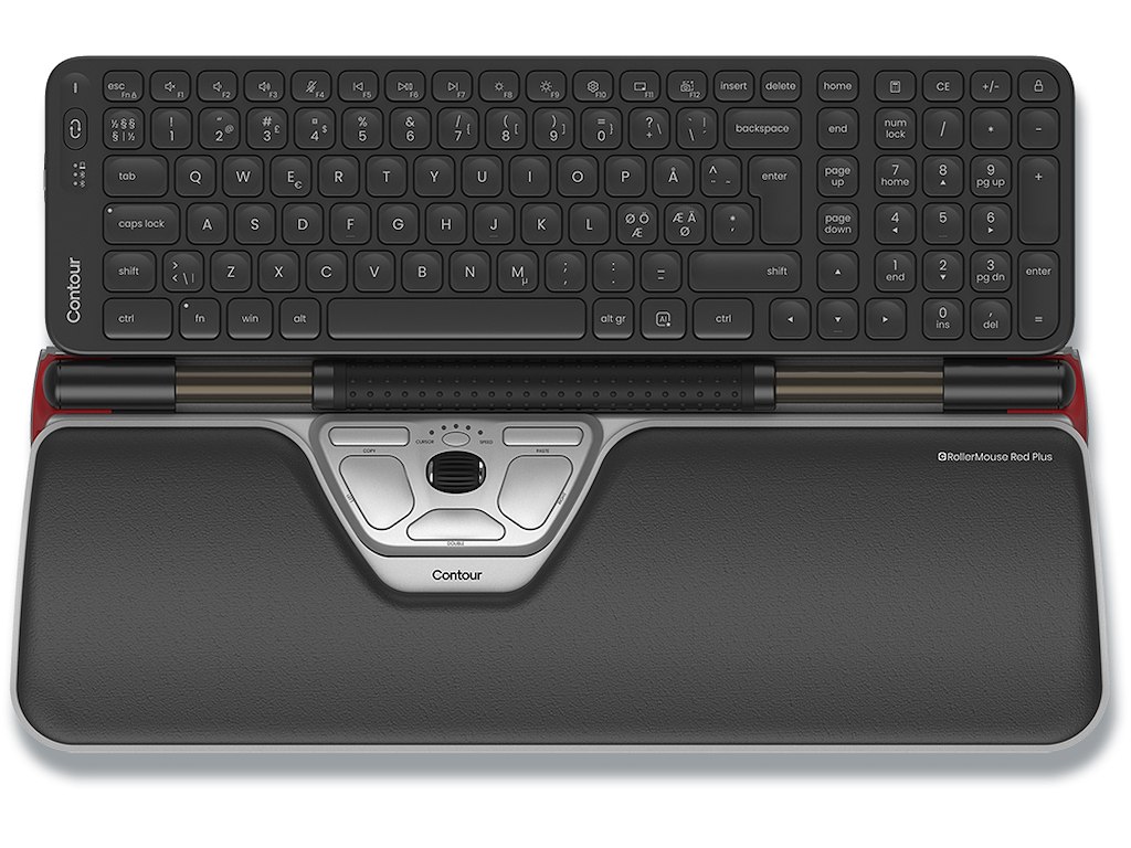 Ergonomisk mus og tastatur, Rullestav, Med bred håndledsstøtte og Balance Mid-Size Keybaord, Contour RollerMouse Red Plus Wireless