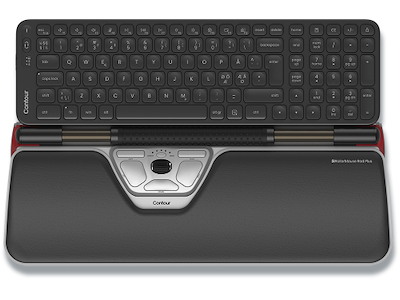 Ergonomisk mus og tastatur, Rullestav, Med bred håndledsstøtte og Balance Mid-Size Keybaord, Contour RollerMouse Red Plus Wireless