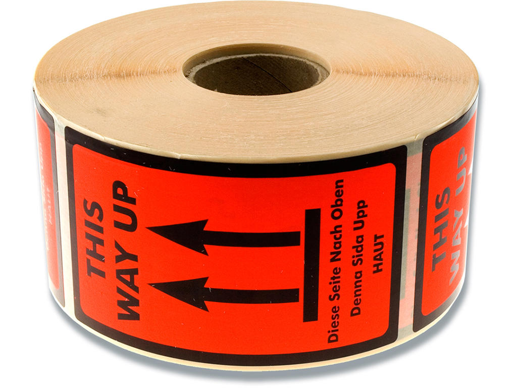 Etiketter, 120x70 mm, Floucerende orange og sort, 1000 etiketter i alt, BNT ''This Way Up'' 