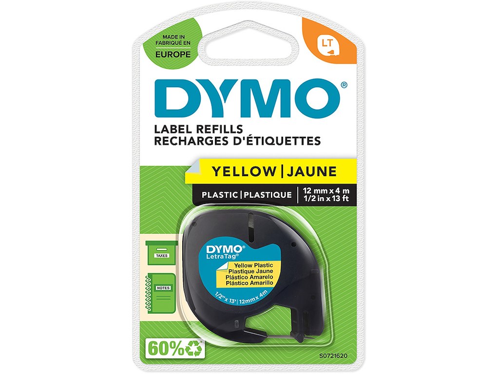 Labeltape, 12mm x 4m, Sort på Gul, 1 rulle, Dymo LetraTag Plast