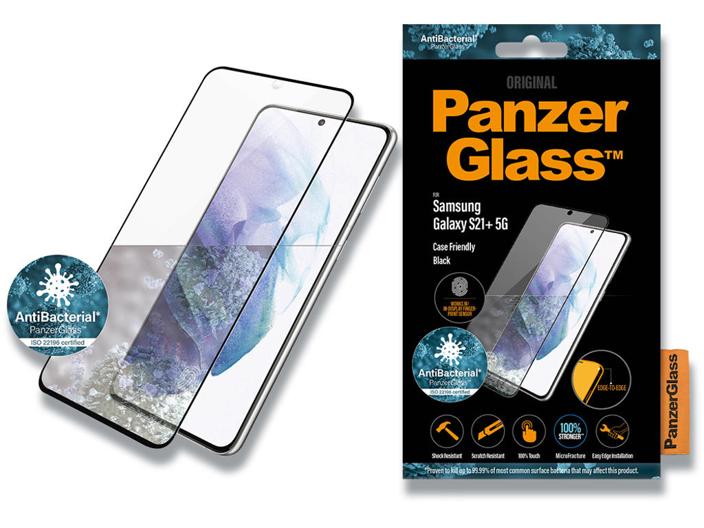 Skærmbeskyttelse, Samsung Galaxy S21+, Sort, 1 stk, PanzerGlass Antibacterial Case Friendly 