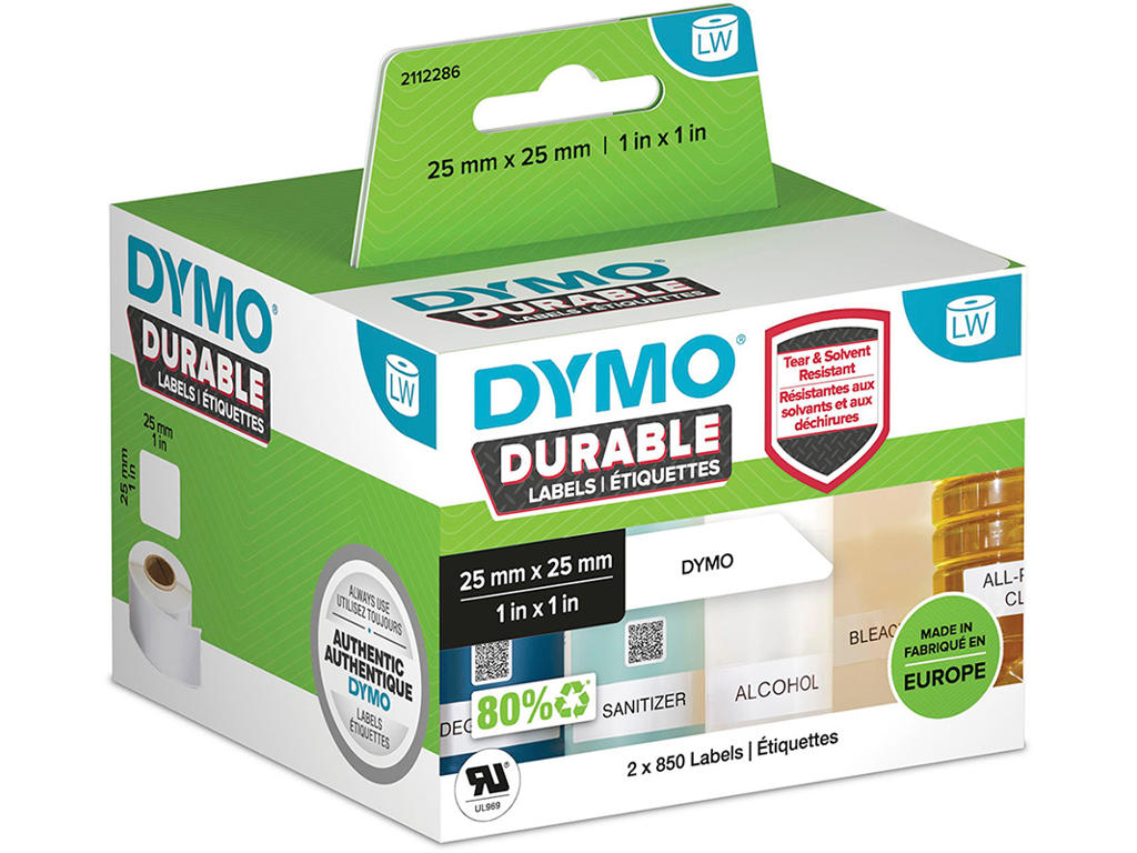 Labeletiketter, Holdbare og modstandsdygtige, 25x25 mm, 1 rulle af 700 etiketter, Dymo LabelWriter Durable