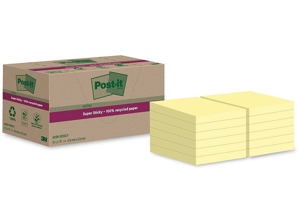 Memonotes, 47.6x47.6 mm, Gul, 12 blokke, Post-it Super Sticky Recycled