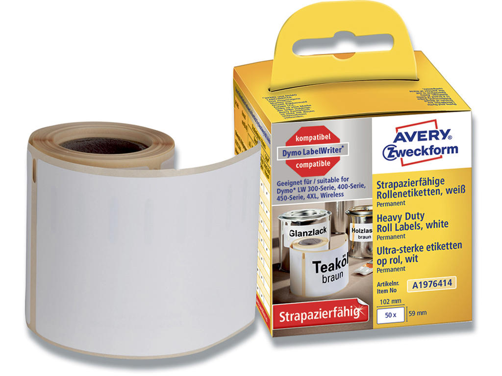 Labeletiketter, Holdbare og modstandsdygtige, 59x102 mm, 1 rulle af 50 etiketter, Avery Direct Thermal 1976414