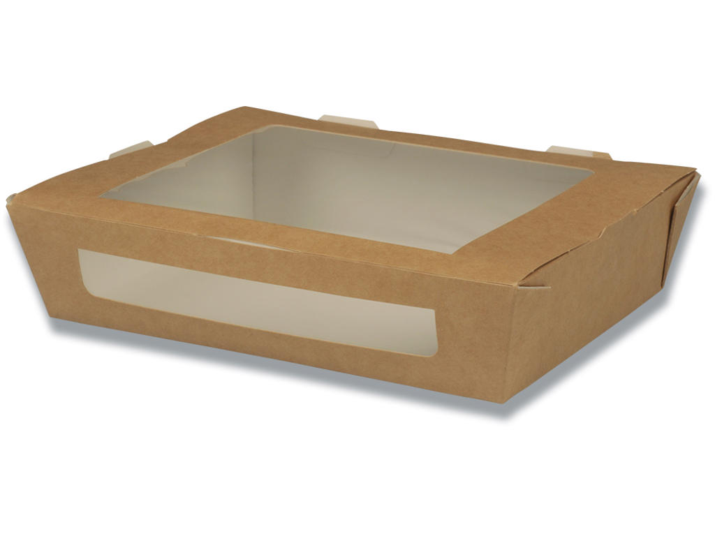 Take away bakke, 20x15,5x4,5cm, 200 stk, 1200 ml, brun, karton/PLA, med vindue, Duni
