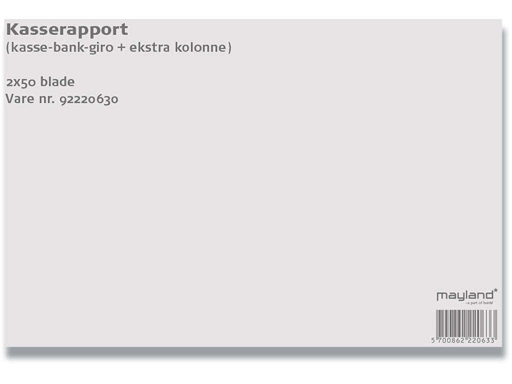 Kasserapport, Kasse-bank-giro+ekstra kolonne, 297x228 mm, 2x50 blade, Mayland 
