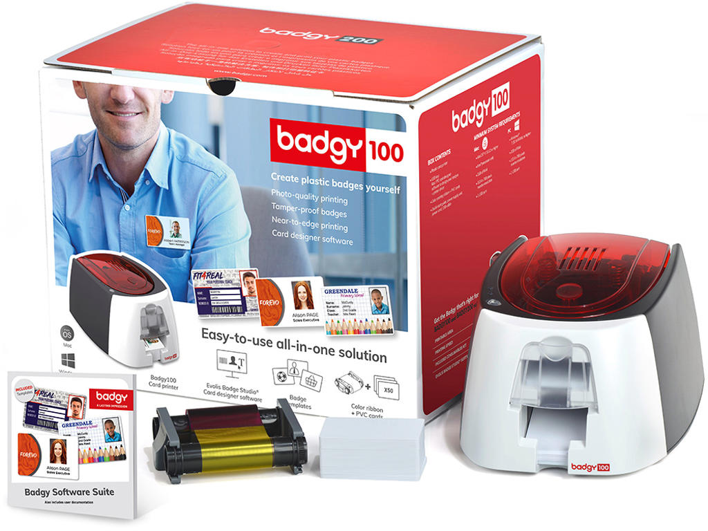 Plastkortprinter, Med 50 kort og farvebånd, Badgy100