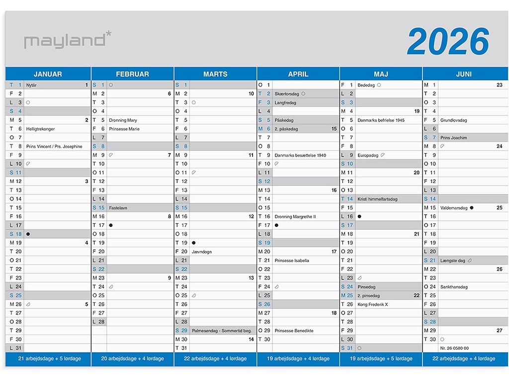 Vægkalender, 2026, A5, Kontor, Klassisk, 6 måneder pr. side, Mayland