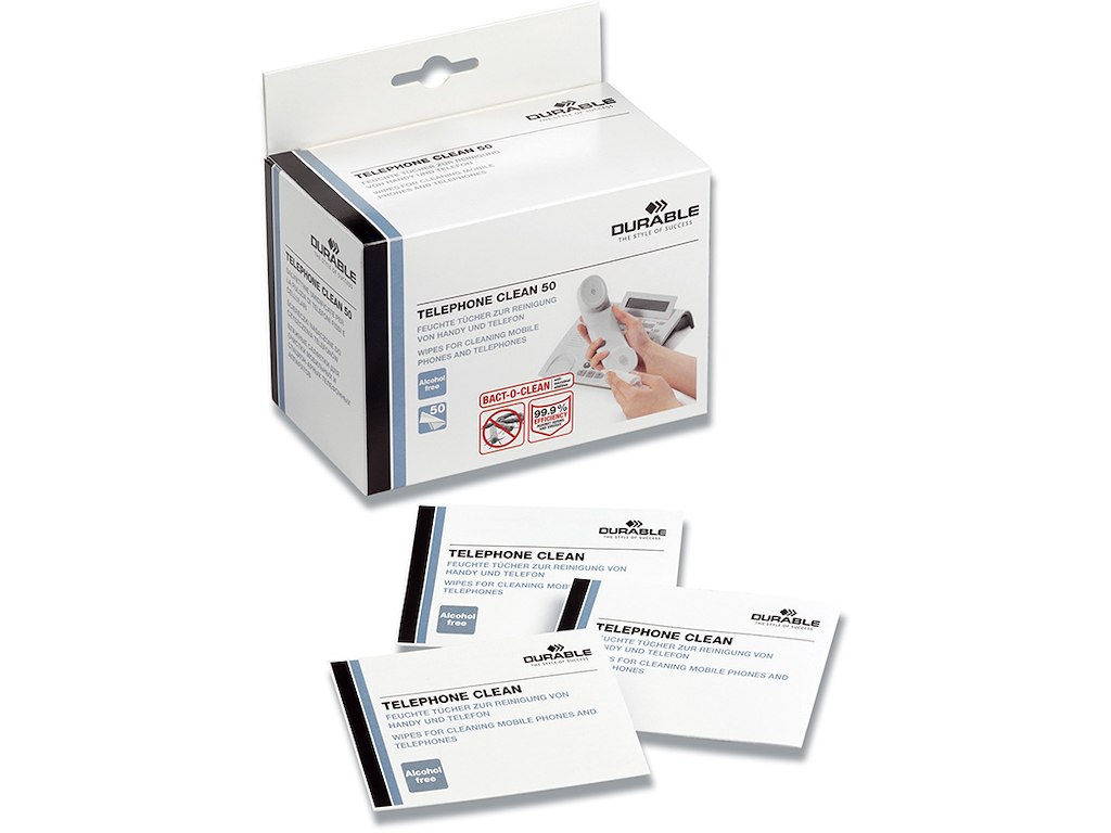 Renseserviet, Våd, 50 stk, Til telefoner og headset, Durable TELEPHONE CLEAN 