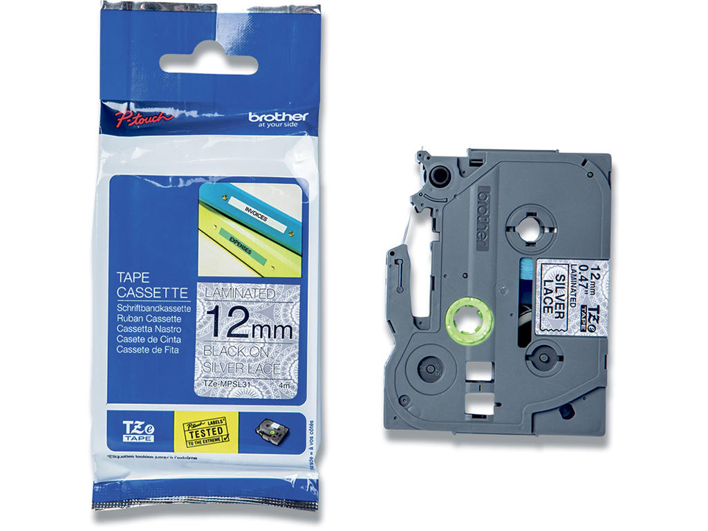 Labeltape, 12mm x 4m, Sort på Sølv mønster, 1 rulle, Brother P-Touch TZe-MPSL31