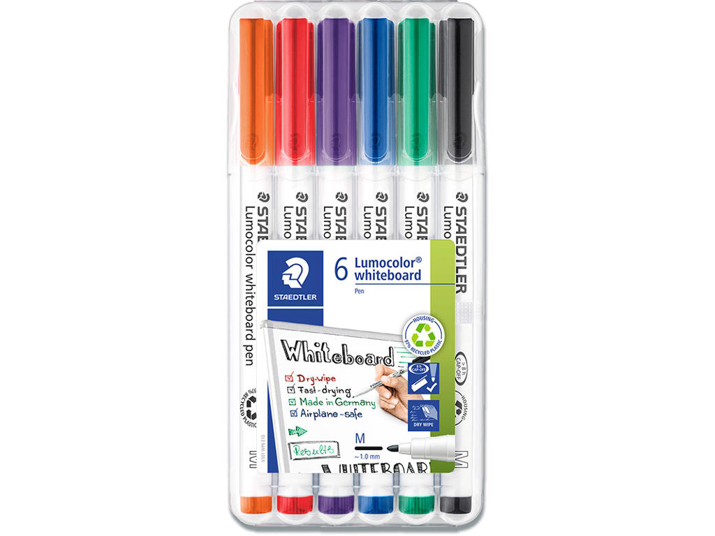 Whiteboard marker, Rund spids, 6 farver, 1 mm, Staedtler Lumocolor 301