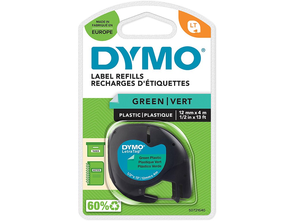 Labeltape, 12mm x 4m, Sort på Grøn, 1 rulle, Dymo LetraTag Plast