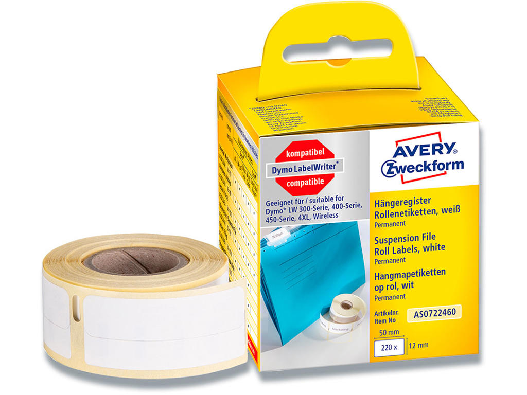 Labeletiketter, Hængemapper, 12x50 mm, 1 rulle af 220 etiketter, Avery 99017
