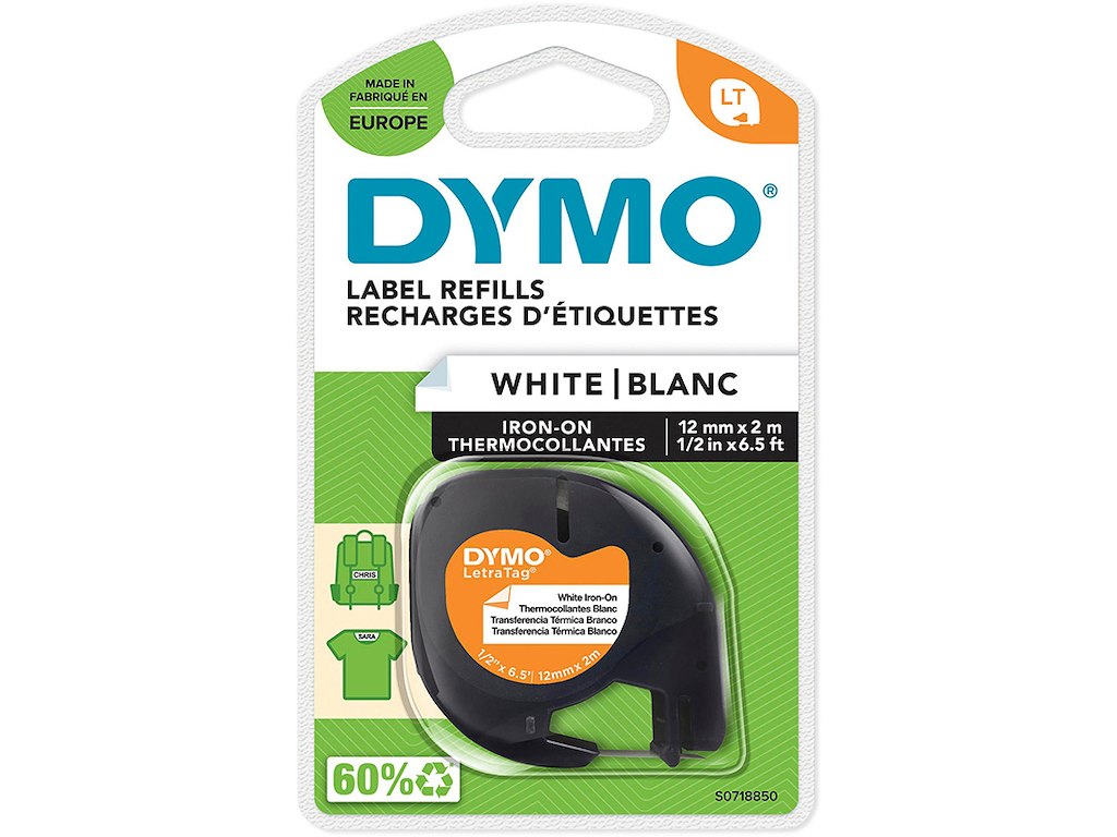 Labeltape, 12mm x 2m, Sort på Hvid, 1 rulle, Dymo LetraTag StrygLet