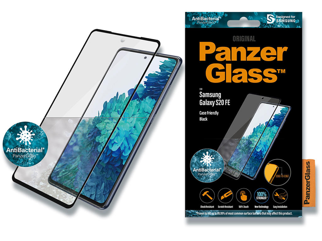 Skærmbeskyttelse, Samsung Galaxy S20FE, Sort, 1 stk, PanzerGlass Antibacterial Case Friendly 