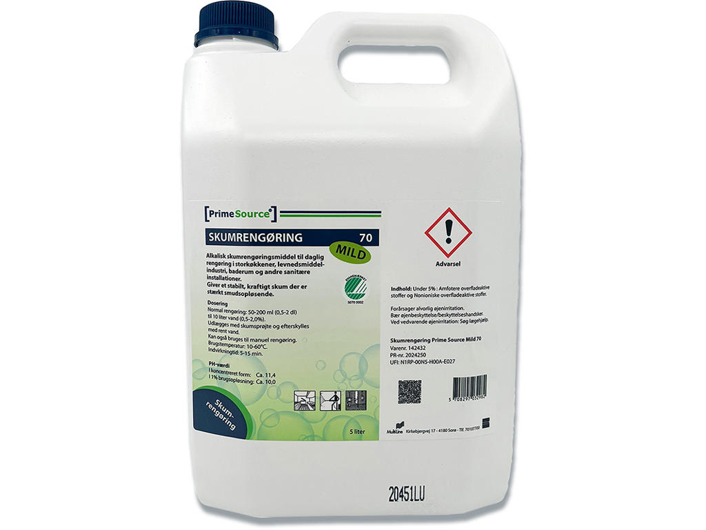 Skumrengøring, Alkalisk, Uden farve, Uden parfume, 5 liter, Prime Source Mild 70