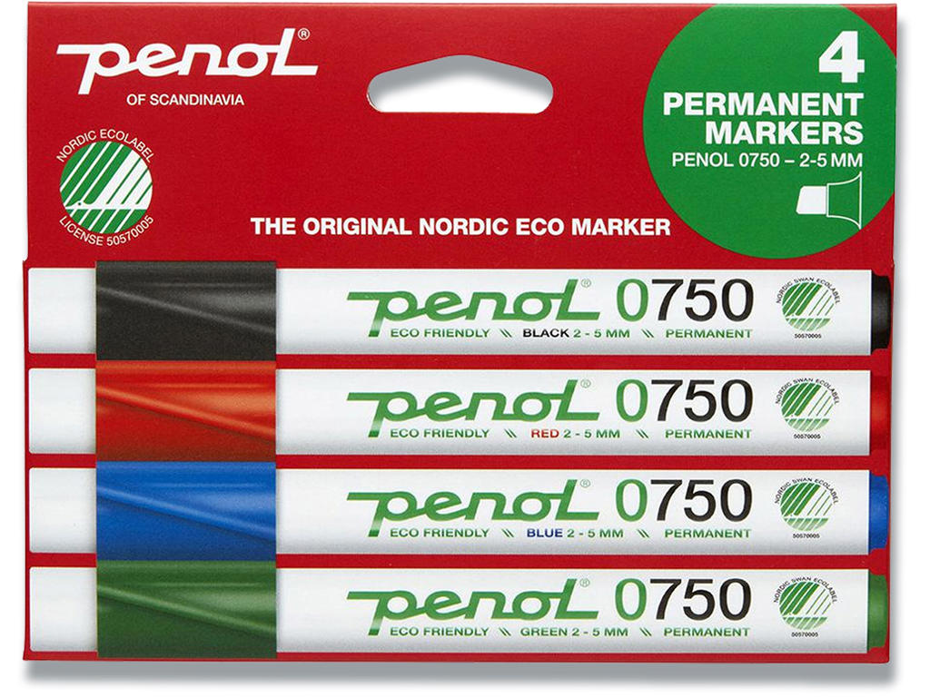 Marker, Skrå spids, 2-5 mm, Sort Rød Blå Grøn, Penol ECO 0750