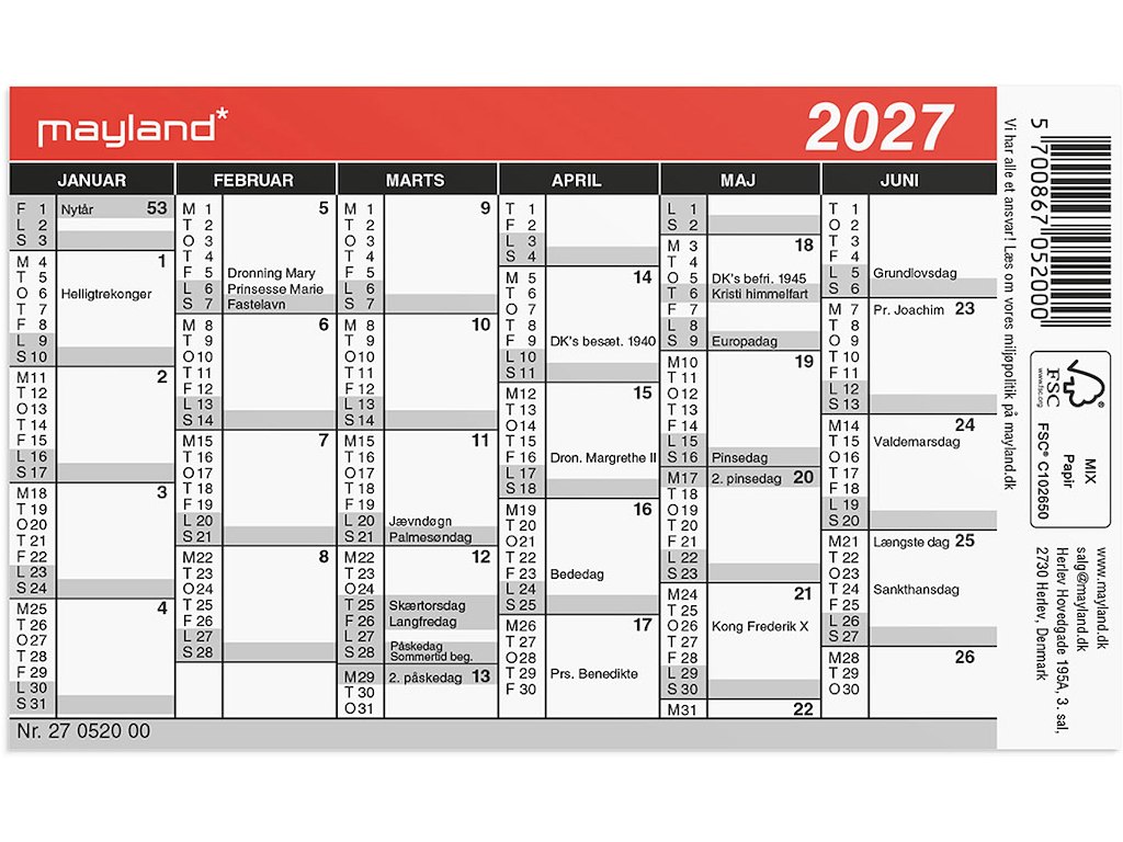 Vægkalender, 2027, Mini, 6 måneder pr. side, Mayland