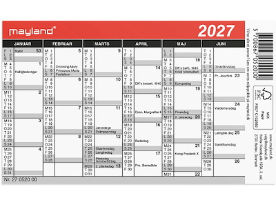 Vægkalender, 2027, Mini, 6 måneder pr. side, Mayland