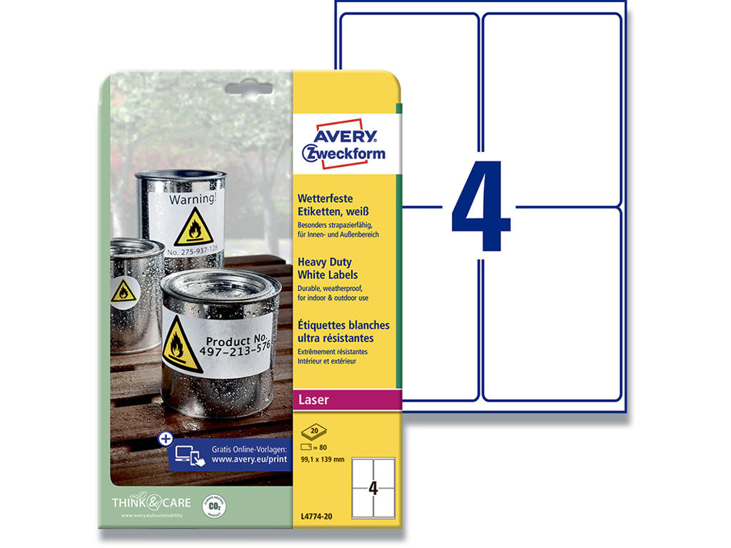 Etiketter, 99.1x139 mm, Hvid, 80 etiketter i alt, Avery 