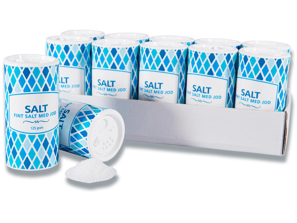 Salt, I strødåse, 125 g, 10 dåser, Med jod