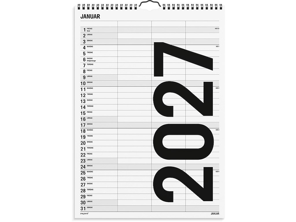 Familiekalender, 2027, Black and white, 3 personer, 1 måned pr. opslag, Mayland