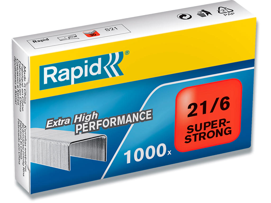 Hæfteklammer, Klamme 21/6, 30 ark, 1.000 klammer, Rapid Super Strong