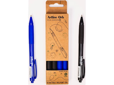 Kuglepen, 1.0 mm, Blå Sort, 4 stk, Artline ECO-GREEN Orb