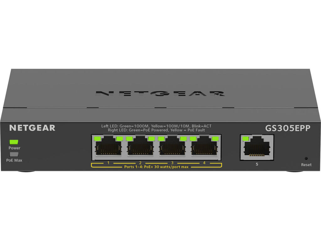 NETGEAR 5-Port Gigabit Ethernet High-Power PoE+ Plus Switch (GS305EPP) Administreret L2/L3 Gigabit Ethernet (10/100/1000) Strøm over Ethernet (PoE) Sort