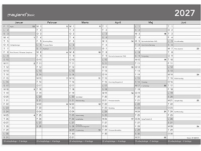 Vægkalender, 2027, A4, Basic Kontor, 6 måneder pr. side, Mayland