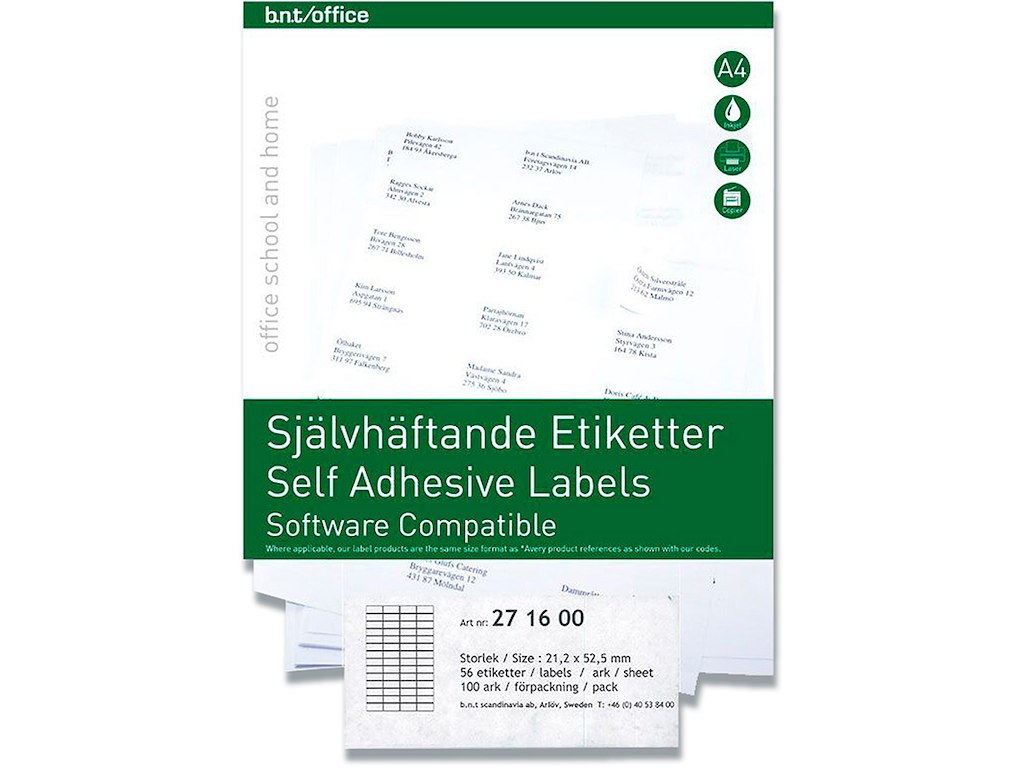 Etiketter, 21.2x52.5 mm, Hvid, 5600 etiketter i alt, BNT Office 