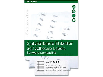 Etiketter, 21.2x52.5 mm, Hvid, 5600 etiketter i alt, BNT Office 