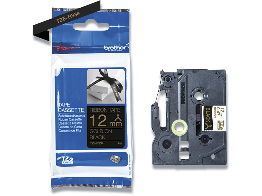 Labeltape, 12mm x 4m, Guld på Sort satin stofbånd, 1 rulle, Brother P-Touch TZe-R334